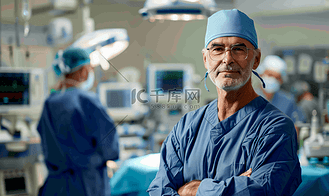 外科医生站在手术室的同事面前