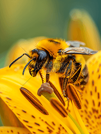 大黄蜂坐在黄色的百合花上
