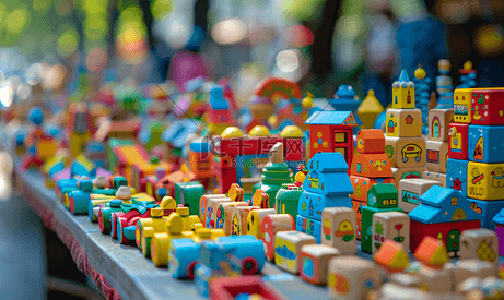 街头市场上摆满了五颜六色的木制玩具