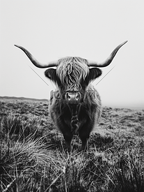 草地上高地牛的黑白照片强大的牛角棕色的皮毛