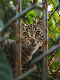 好奇的猫躲在栅栏里看着你
