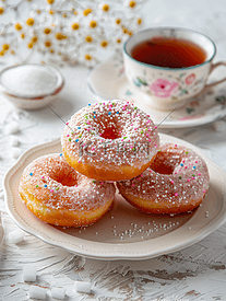 白色纹理背景的盘子上放着三个美味的糖衣甜甜圈上面放着茶和糖