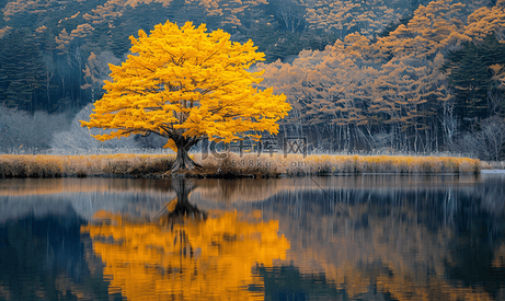 一棵黄色的树倒映在湖中