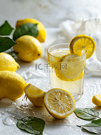 白色纹理桌上的一杯柠檬水和柠檬