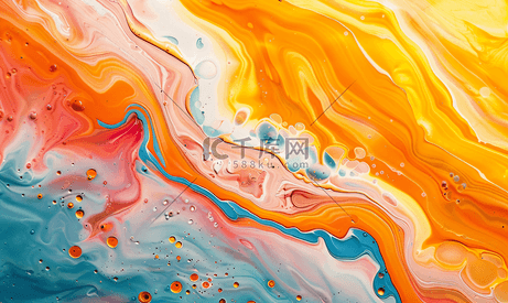 彩色液体艺术背景对比混合流体涂料抽象纹理壁纸橙色条纹海浪