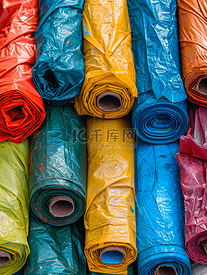 成卷的塑料袋纹理背景许多彩色卷起的建筑垃圾袋