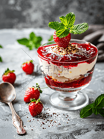 灰色纹理桌上草莓果冻甜点的概念