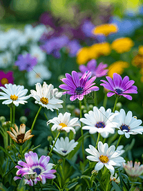 英国花园中盛开的白色和紫色蓝眼菊
