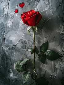 美丽的红玫瑰灰色纹理背景上有小心