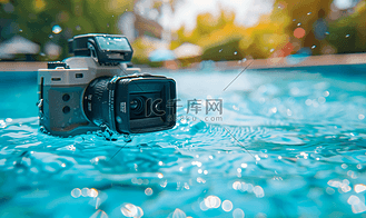 防水盒中的运动相机和泳池边的浮动手柄和模糊游泳池