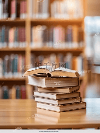 图书馆教育背景中桌上堆满书籍和模糊的书架