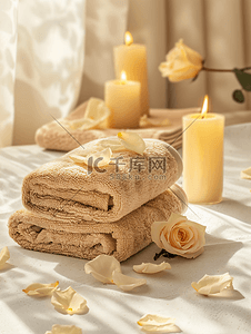 花艺沙龙摄影照片水疗和芳香疗法概念时尚米色背景下的蜡烛毛巾和花瓣