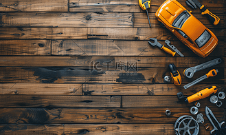 木质背景下汽车修理工具顶视图平躺色调图像