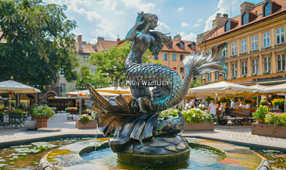 夏日假期波兰华沙老城历史悠久的美人鱼雕像高清摄影大图-千库网