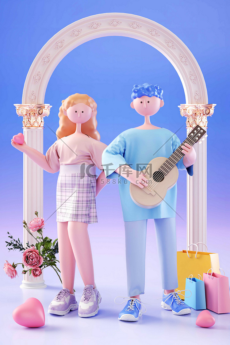 3D立体c4d七夕情人节现代情侣人物背景图片免费下载-千库网