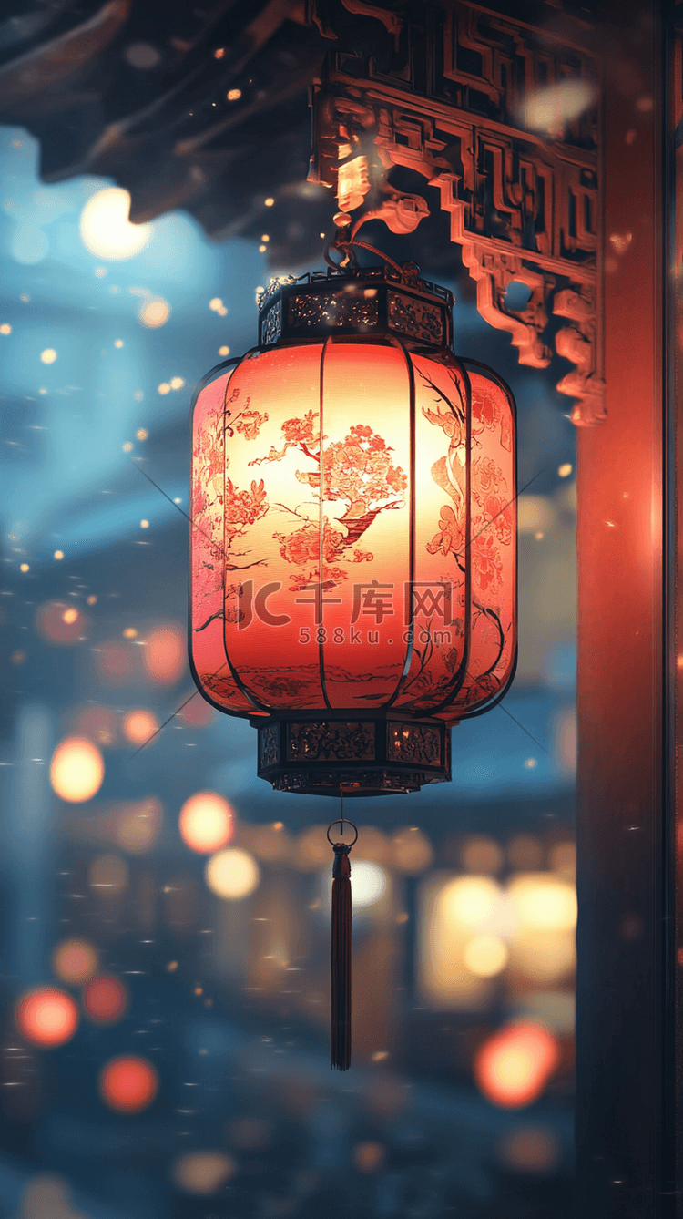 新年中式屋檐下挂着的喜庆国风灯笼设计背景图片免费下载-千库网