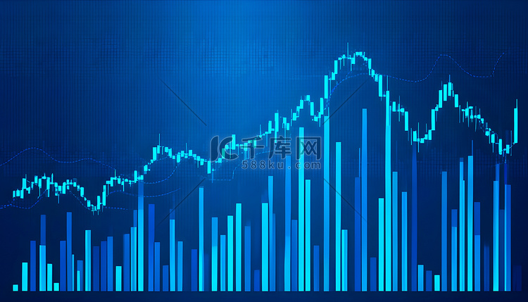 蓝色背景上的看涨股市烛台图突出了投资增长和业高清摄影大图-千库网