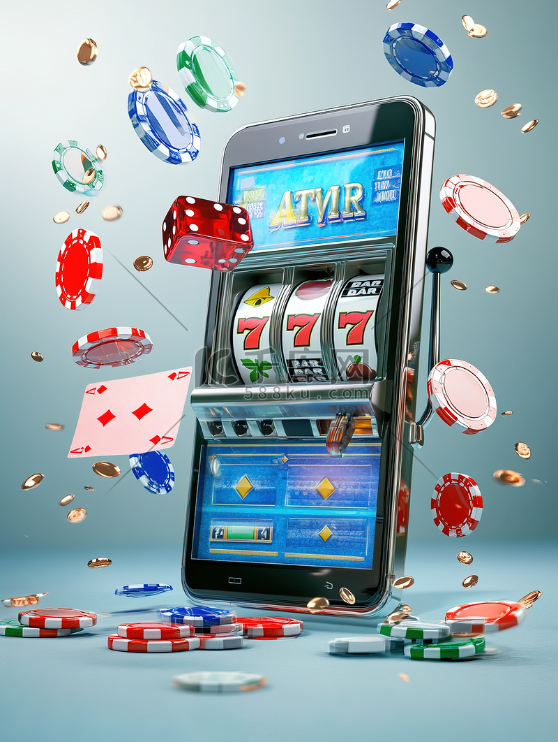 手机屏幕上的3d老虎机蓝色背景飞行轮盘飞行筹码卡背景图片免费下载-千库网