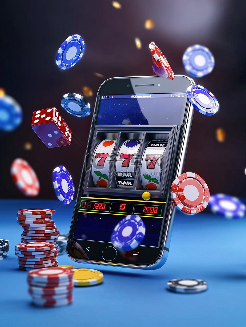 手机屏幕上的3d老虎机蓝色背景飞行轮盘飞行筹码卡背景图片免费下载-千库网