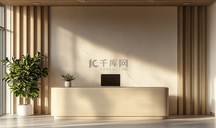 现代室内设计办公大厅装饰壁龛中配有笔记本电脑的多彩接待桌3D渲染正面视图模型背景图片免费下载-千库网