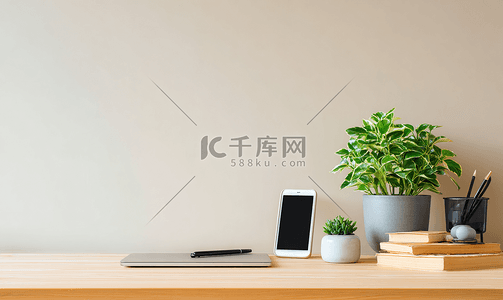 具有复制空间的办公桌概念的正面视图高清摄影大图-千库网