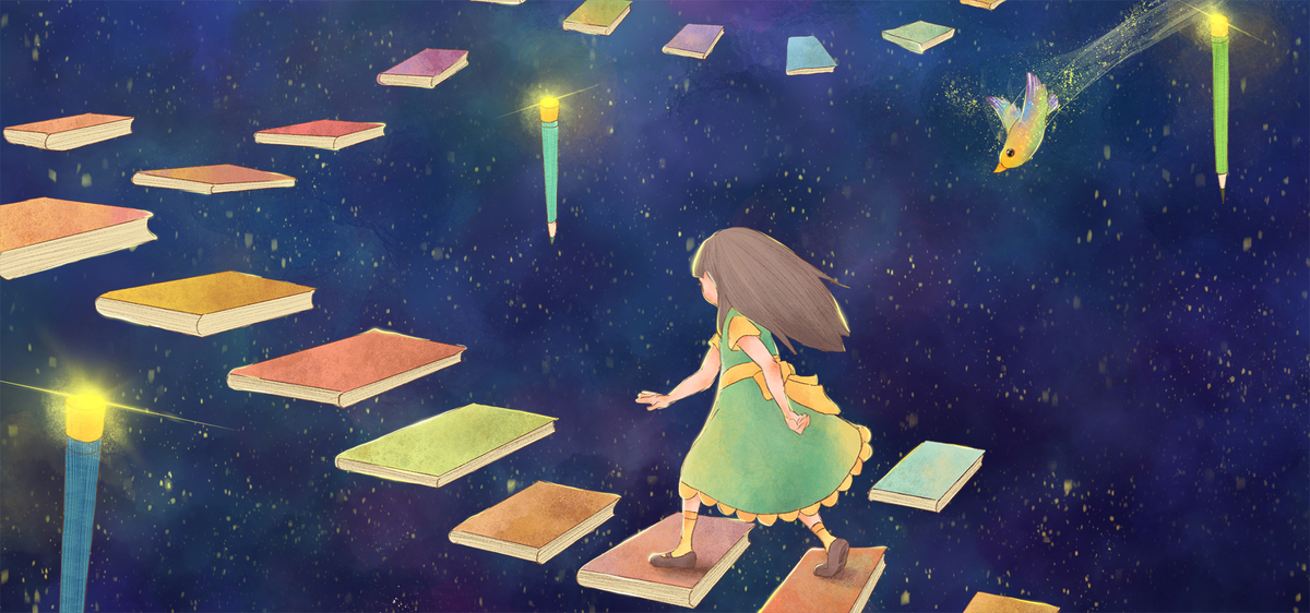 女孩与知识的阶梯插画_psd素材免费下载_ 1920*900像素(编号:21466396