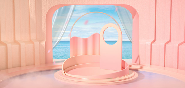 七夕C4D浴池场景粉色3D立体海报背景