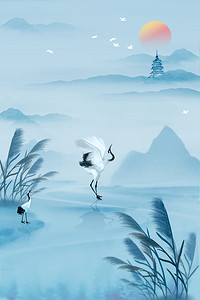 白露秋分丹顶鹤山水蓝色简约中国风海报背景