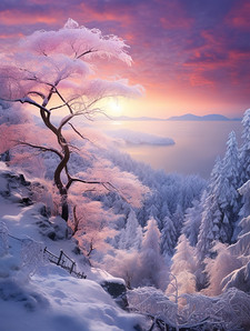 被雪覆盖的树木日出浅紫色8