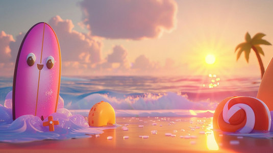 红黄冲浪板背景图片_海滩夕阳冲浪板合成创意素材背景