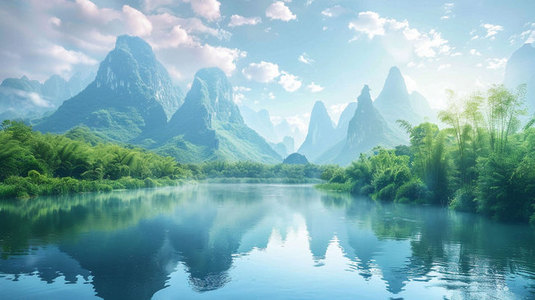 台湾高山族图片背景图片_卡通高山流水合成创意素材背景