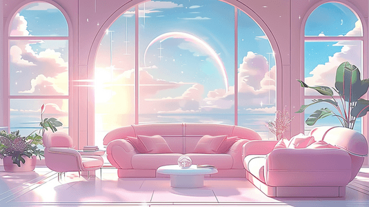 窗外是白天背景图片_618粉色温馨室内家居直播间背景