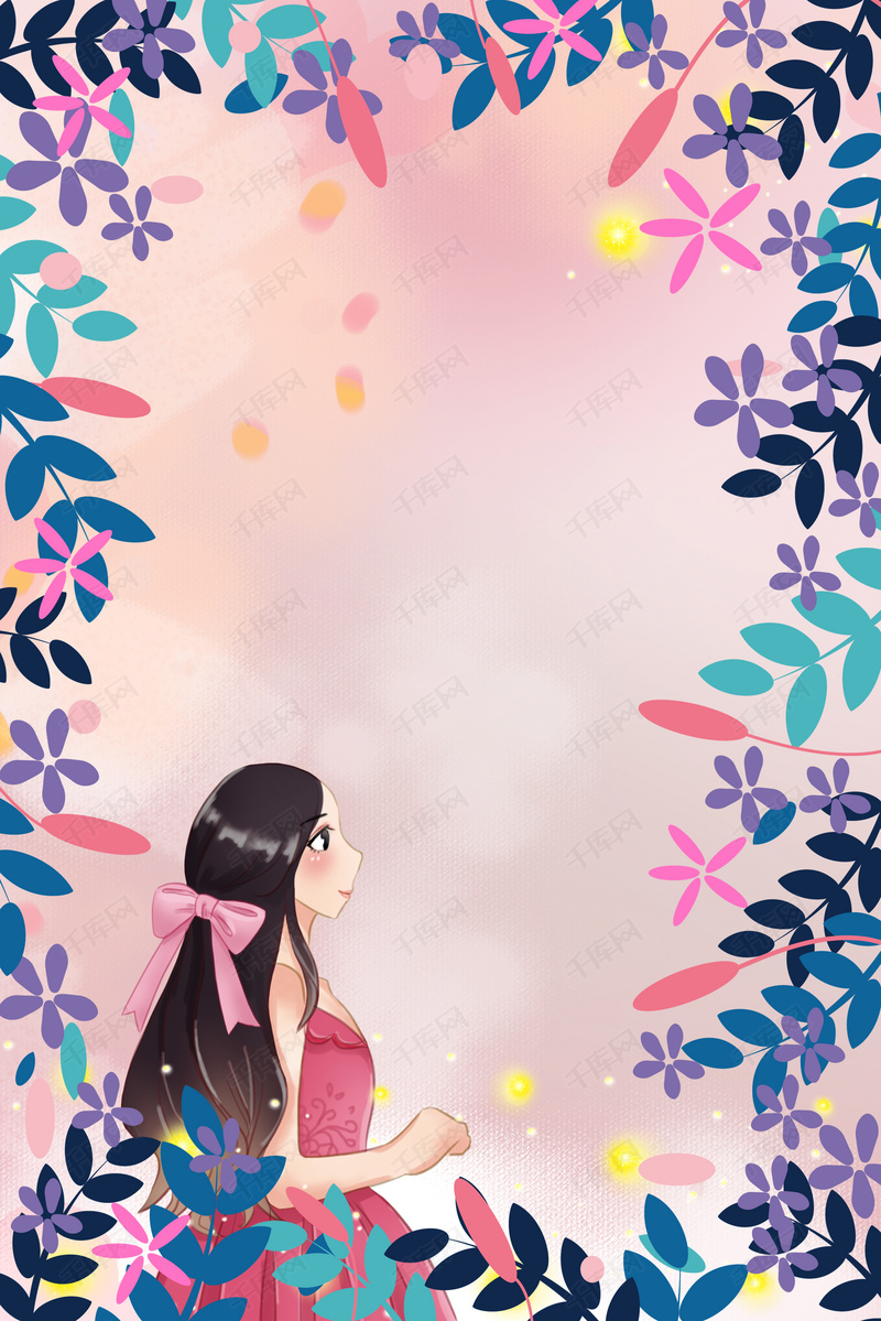 女神节手绘树叶边框电商淘宝背景h5