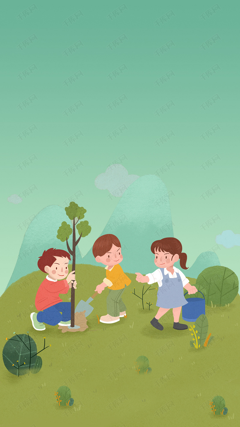 劳动节简约蓝色渐变植树海报背景