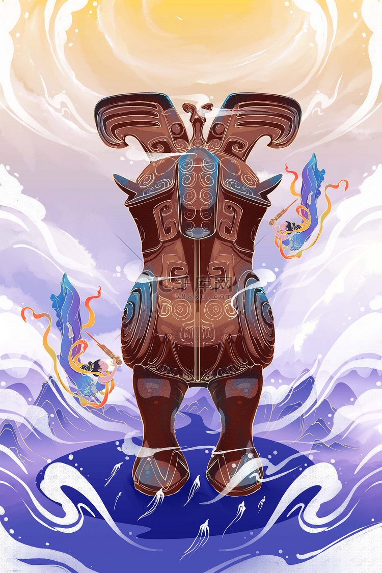 国潮风文物拟人青铜器文物国潮风插画海报
