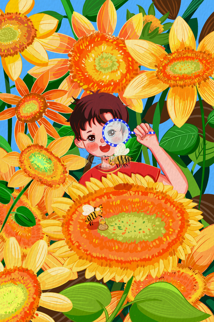 小暑夏夏天炎热向日葵花海男孩蜜蜂温馨治愈