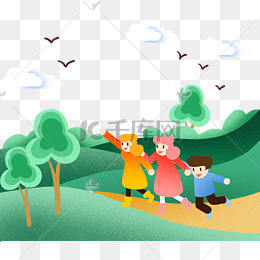 绿色树木春游女孩插画