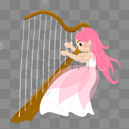弹竖琴的卡通小女孩免抠图