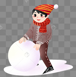 大寒滚雪球的小男孩