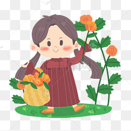 春天卡通女孩摘花朵png素材
