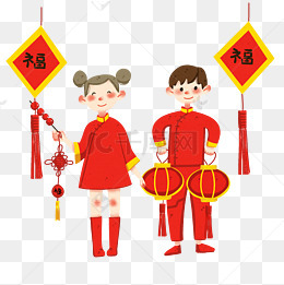 春节人物和灯笼插画
