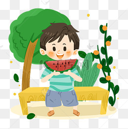 夏日卡通男孩吃西瓜png素材