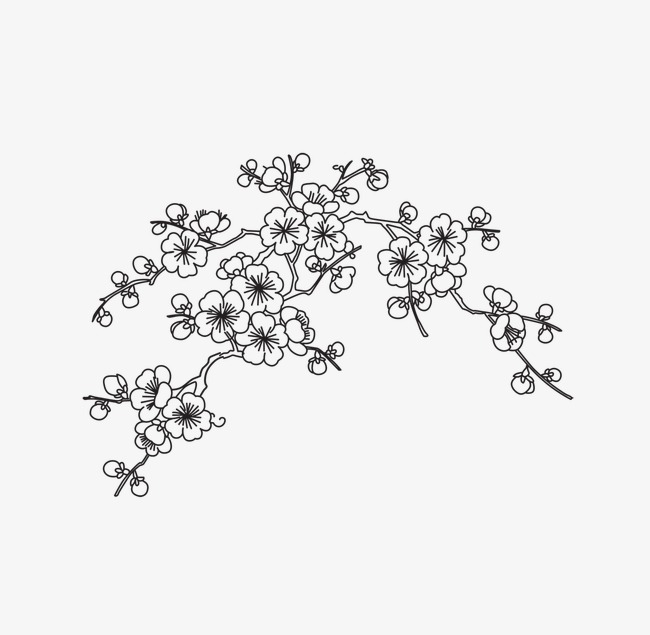 黑白泼墨中国风元素梅花桃树竹子柳树免抠