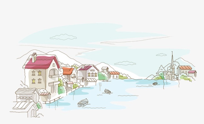 水彩手绘线描风景画