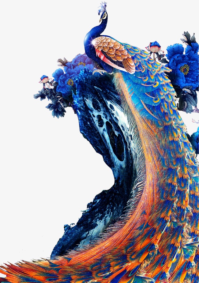 中国风扇形折扇孔雀装饰免扣元素