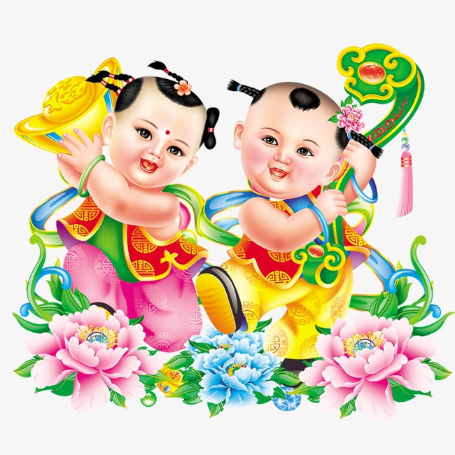春节红色手绘卡通金童玉女手举鞭炮png