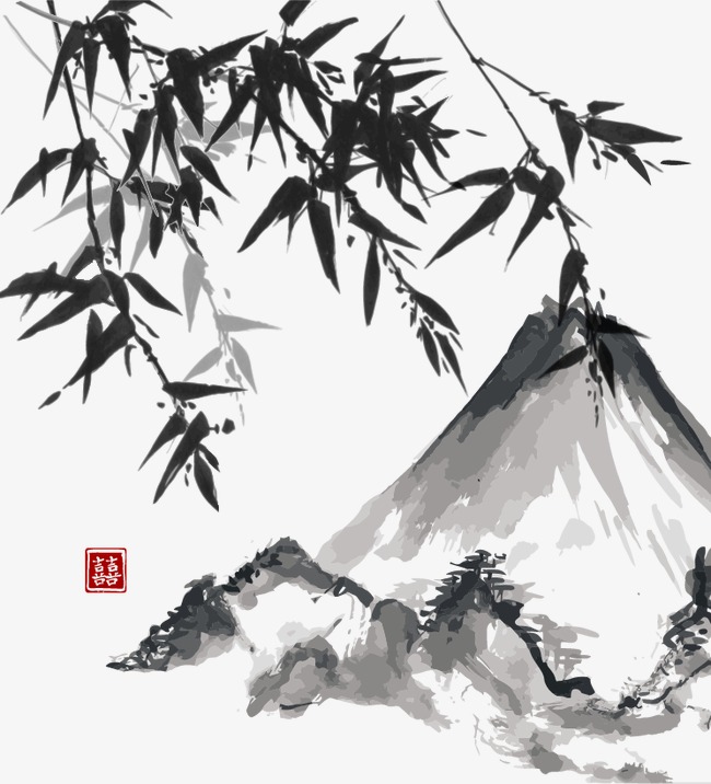 扇面背景水墨国画风中国风山水印章小船竹子