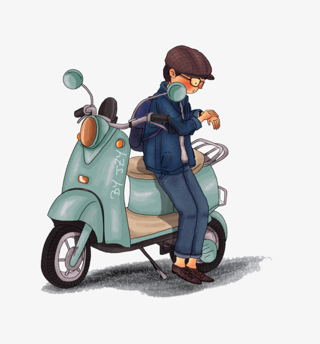 靠着电动车的小人插画