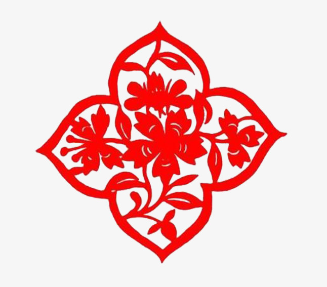 四瓣红色窗花剪纸png素材-90设计
