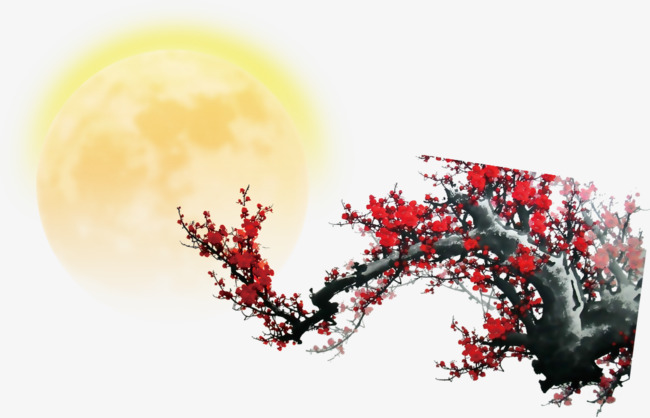 月亮山水画梅花中秋节日元素png